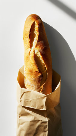 Top view of crispy baguette in paper bag against white background with aesthetic shadows. Bakery concept. Generative AI.の素材