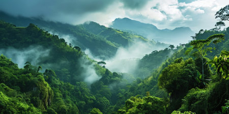 Tropical green mountains with mist. Cloudy foggy sky backdrop. Generative AI.の素材