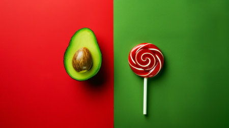 Avocado and lollipop on a red and green split background. Healthy versus junk food. Diet concept. Generative AI.の素材