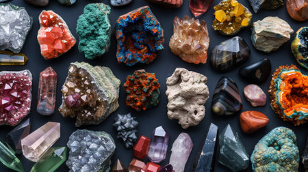 Top view of a large geological collection of semi-precious stones, stones and minerals. Dark background. Generative AI.の素材