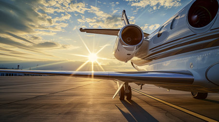 Close-up of turbine engine of a private luxury jet aircraft on the runway. Luxury travel concept. Generative AI.の素材