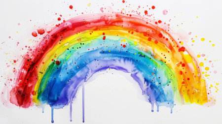 Aesthetic hand painted watercolor rainbow, pastel colors on white backdrop. Creative template. Generative AI.の素材