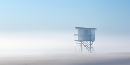 Lifeguard Tower in a white mist on a beach of seaside. Lonely landscape with watchtower. Generative AI.の素材