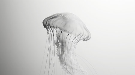 Aesthetic white jellyfish floating against light backdrop. Ocean ecosystem concept. Generative AI.の素材