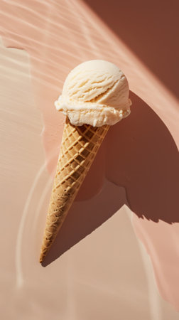 Aesthetically melting vanilla ice cream in a cone. Light pastel background. Trendy template. Generative AI.の素材