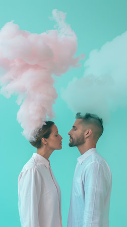 Young couple kisses with white cloud on their head and face on light sky background. Fashion blog concept. Generative AI.の素材