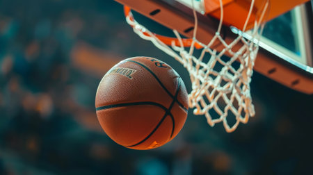 Close-up of a basketball hitting the basket against a bokeh background. Sports event concept. Generative AI.の素材