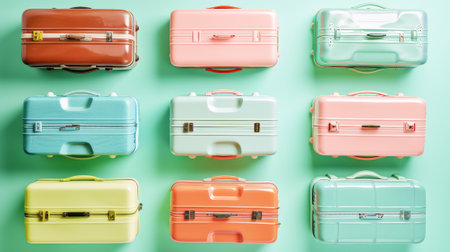 Flat lay of trendy suitcases pattern on green pastel background. Travel concept. AdventureAd. Generative AI.の素材