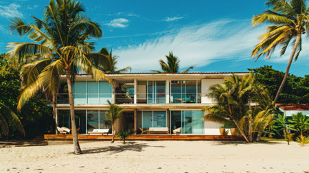 Luxury beach villa with sea view. Terrace in modern design. Vacation home for big family. Generative AI.の素材