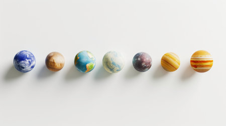 Aesthetic flat lay realistic planet models. Light background. Space and galactic education concept. Generative AI.の素材