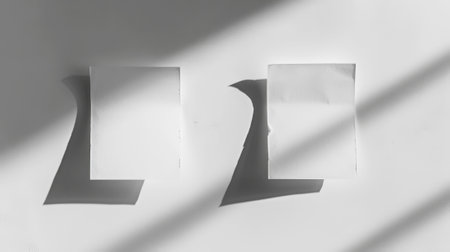 Two aesthetic white sticky note reminders on white background. Sun rays and shadows. Minimalist concept. Generative AI.の素材