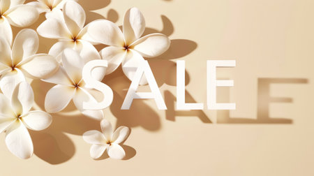 SALE sign in white letters surrounded by white spring flowers. Beige background. Adv concept. Generative AI.の素材