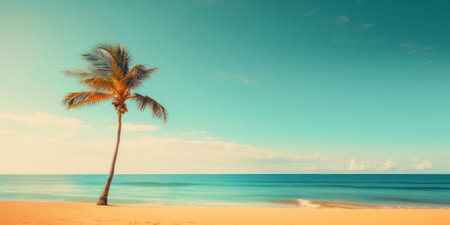 Palm on a sunny tropical sea shore under turquoise sky. Vacation concept. Generative AI.の素材