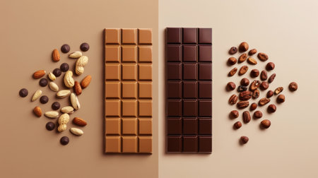 Top view of chocolate bars and variety of nuts on beige brown split background. Healthy snacks concept. Generative AI.の素材