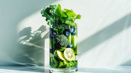 Various fruits and green vegetables in tall thin glass cup. Healthy vegan smoothie concept. Light backdrop. Generative AI.の素材