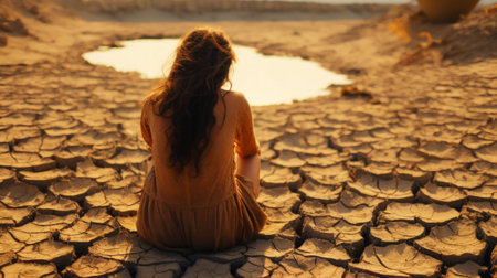 Girl sits on cracked ground near a dry river. Drought concept. Water crisis and arid environment. Generative AI.の素材