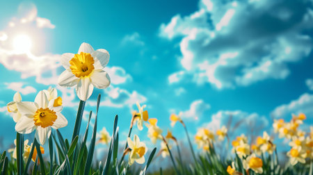 Close-up of yellow daffodil flowers blooming in spring. Bokeh sunny background. Spring landscape concept. Generative AI.の素材