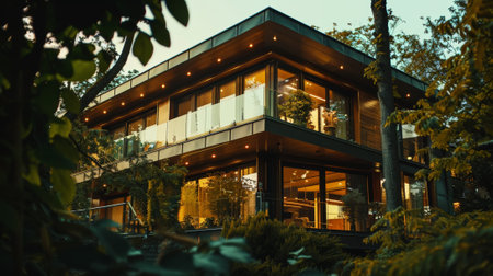Exterior of dark luxury villa surrounded with trees. Terrace in modern design. Quiet place for live. Generative AI.の素材