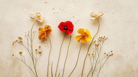 Top view of fresh red poppies, blue and yellow wildflowers. Light background. Boho style. Generative AI.の素材