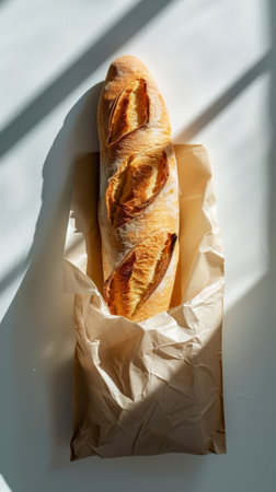 Top view of crispy baguette in paper bag against white background with aesthetic shadows. Bakery concept. Generative AI.の素材