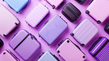 Flat lay of trendy suitcases pattern on purple background. Travel concept. AdventureAd. Generative AI.の素材