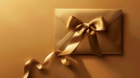 Aesthetic elegant gold beige envelope invitation with ribbon for gala event. Greeting concept. Copy space. Generative AI.の素材