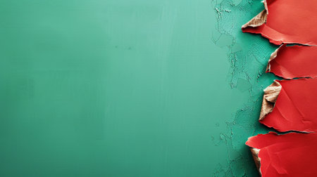 Aesthetically torn red paper on pastel green backdrop. Announcement concept. Elegant background. Generative AI.の素材