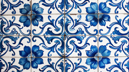 Vintage traditional tile background. Blue azulejos floral pattern. Generative AI.の素材