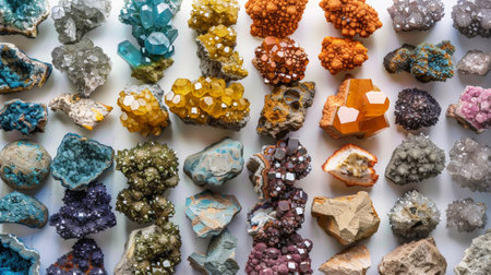 Top view of a large geological collection of semi-precious stones, stones and minerals. Dark background. Generative AI.の素材