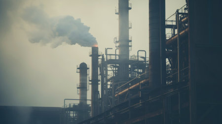 Industry plant landscape with smoke smog emissions. Bad ecology cocnept. Generative AI.の素材