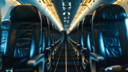 Close-up of a row of leather seats in an airplane cabin. Business trip concept. Generative AI.の素材