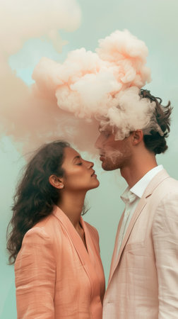 Young couple kisses with white cloud on their head and face on light sky background. Fashion blog concept. Generative AI.の素材