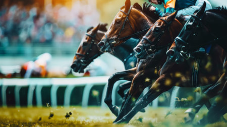 Racehorses and jockeys compete at finish line. Blurred motion background to emphasize speed. Bet concept. Generative AI.の素材