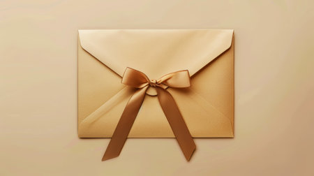 Aesthetic elegant gold beige envelope invitation with ribbon for gala event. Greeting concept. Copy space. Generative AI.の素材