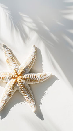 Aesthetic light background with ocean starfish. Strong shadows, copy space. Luxury travel concept. Generative AI.の素材