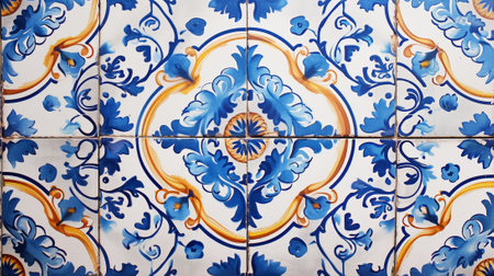 Vintage traditional tile background. Blue azulejos floral pattern. Generative AI.の素材