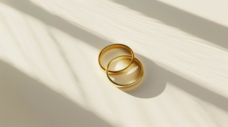 Wedding gold rings on light background with shadows. Aesthetic invitation concept. Generative AI.の素材