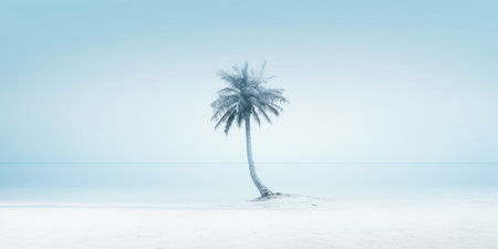 One lonely palm tree on a white beach. Calm sae with mist. Tranquil seashore landcsape. Generative AI.の素材