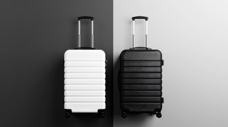 Two trendy travel suitcases on black and white split background. Top view. Travel concept. Generative AI.の素材