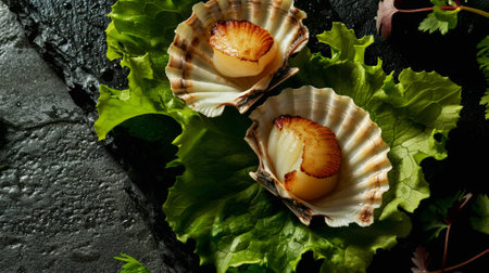 Fresh grilled scallops on shells with sea salt crystals and greens. Dark background. Top view. Generative AI.の素材