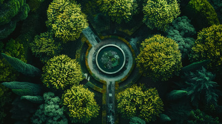 Aerial view of green garden labyrinth. Mysterious landscape design. Generative AI.の素材