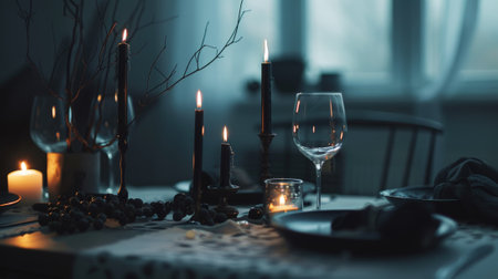 Aesthetically decorated table with candles, wine glasses, plates, black colors. Elegant banquet concept. Generative AI.の素材