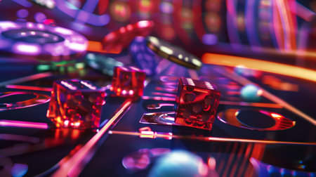 Close-up of gaming dice and chips against the backdrop of a luxury casino. Betting concept. Generative AI.の素材