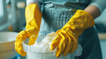 Close-up of female hands in yellow gloves cleaning with a sponge rag. Cleaning concept. Copy space. Generative AI.の素材