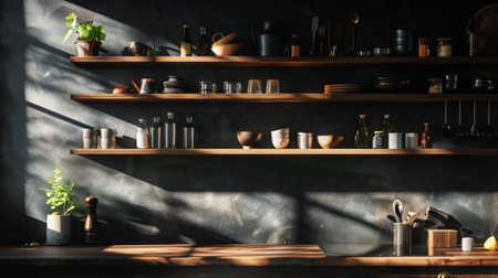 Wooden black scandinavian kitchen storage organization. Perfect open shelves in dark modern kitchen. Generative AI.の素材