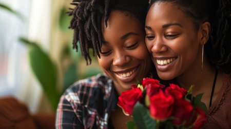 Happy young african american lesbian couple hugging with flowers. Engagement celebration. Pride concept. Generative AI.の素材