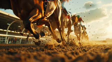 Racehorses and jockeys compete at finish line. Blurred motion background to emphasize speed. Bet concept. Generative AI.の素材