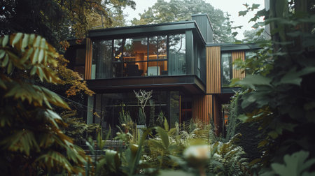 Exterior of dark luxury villa surrounded with trees. Terrace in modern design. Quiet place for live. Generative AI.の素材