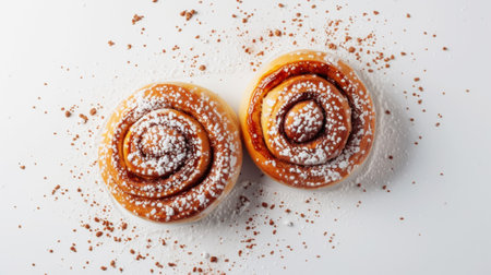 Top view of freshly baked cinnamon buns rolls with sugar and flour. Aesthetic food advertising concept. Generative AI.の素材