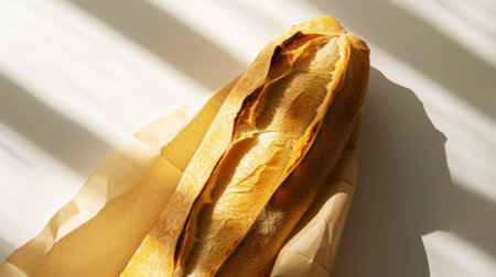 Top view of crispy baguette in paper bag against white background with aesthetic shadows. Bakery concept. Generative AI.の素材